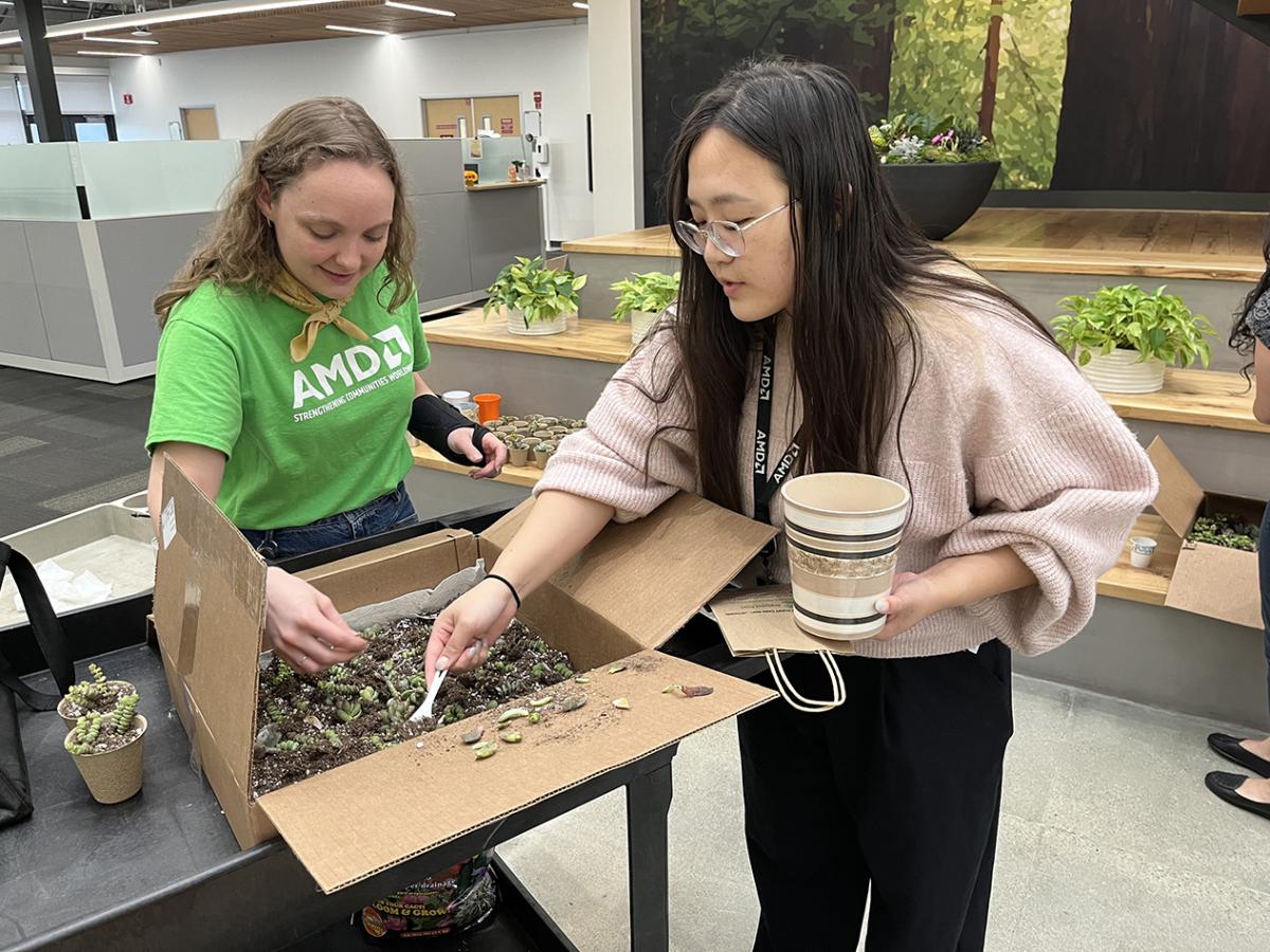 Two people working with soil