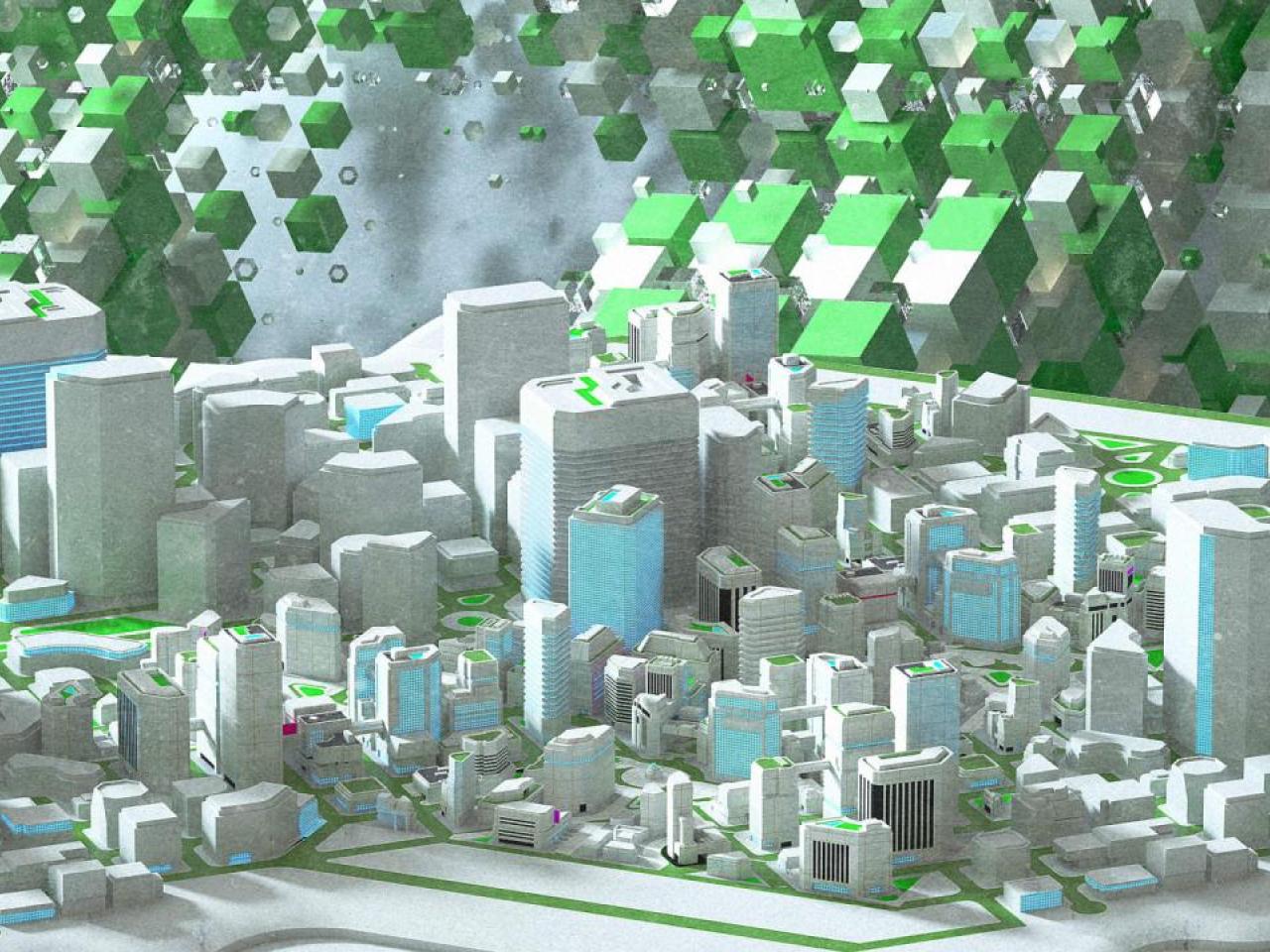 A digital model rendering of a city-scape.